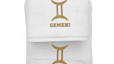 Set 2 Prosoape baie Brodate Alb cu broderie Gemeni, bumbac 100% (Culoare Broderie: Galben, Culoare Prosop: Roz)