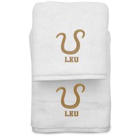 Set 2 Prosoape baie Brodate Alb cu broderie Leu, bumbac 100% (Culoare Broderie: Auriu, Culoare Prosop: Bleumarin) - 1