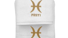 Set 2 Prosoape baie Brodate Alb cu broderie Pesti, bumbac 100% (Culoare Prosop: Auriu)