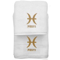 Set 2 Prosoape baie Brodate Alb cu broderie Pesti, bumbac 100% (Culoare Prosop: Azur) - 1