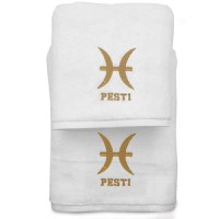 Set 2 Prosoape baie Brodate Alb cu broderie Pesti, bumbac 100% (Culoare Prosop: Azur) - 1