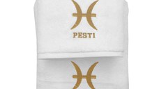 Set 2 Prosoape baie Brodate Alb cu broderie Pesti, bumbac 100% (Culoare Prosop: Azur)