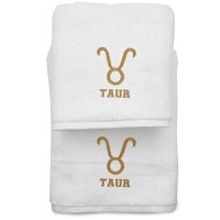 Set 2 Prosoape baie Brodate Alb cu broderie Taur, bumbac 100% (Culoare Broderie: Galben, Culoare Prosop: Bleumarin) - 1