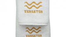 Set 2 Prosoape baie Brodate Alb cu broderie Varsator, bumbac 100% (Culoare Broderie: Albastru, Culoare Prosop: Bleumarin)