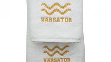 Set 2 Prosoape baie Brodate Alb cu broderie Varsator, bumbac 100% (Culoare Broderie: Azur, Culoare Prosop: Bleumarin)