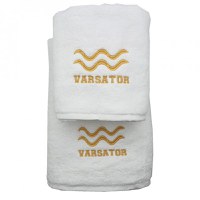 Set 2 Prosoape baie Brodate Alb cu broderie Varsator, bumbac 100% (Culoare Broderie: Galben, Culoare Prosop: Bleumarin) - 1