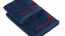 Set 2 Prosoape baie Brodate Color, Royal Home, bumbac 100%, Broderie Nume + Inimioara (Culoare Prosop: Bleumarin)