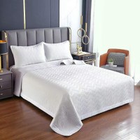 set Cuvertura Pat cu 2 Fete de Perna 55x75cm Uni, Model Geometric, Alb Cenusiu , 200x230cm - 1
