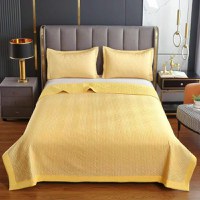 set Cuvertura Pat cu 2 Fete de Perna 55x75cm Uni, Model Geometric, Galben, 200x230cm - 1