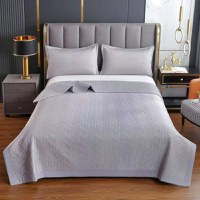 set Cuvertura Pat cu 2 Fete de Perna 55x75cm Uni, Model Geometric, Gri deschis , 200x230cm - 1
