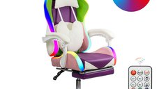 Scaun gaming OFF 298 mov si roz cu suport pentru picioare si iluminare LED RGB