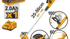 Motocoasa Electrica 20V CGTLI203285 – 8200 rpm, Taiere 300mm, Fir 1.6mm, Edging cu Roata, Acumulator 2.0Ah + Incarcator