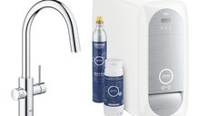 Baterie bucatarie Grohe Blue Home Duo cu dus extractibil pipa C sistem filtrare racire si carbonatare starter kit crom