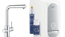 Baterie bucatarie Grohe Blue Home Duo cu dus extractibil pipa L sistem filtrare racire si carbonatare starter kit crom