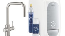 Baterie bucatarie Grohe Blue Home Duo cu dus extractibil  pipa U  sistem filtrare  racire si carbonatare  starter kit  supersteel