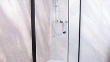 Cabina de dus Sanotechnik Sanoflex Black 90x90cm cu usa batanta si perete fix EXPUS