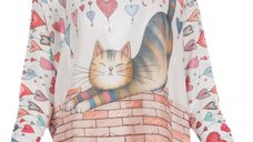 Bluza cu maneca lunga cu imprimeu pisica si fluturi, detalii cu inimi