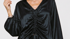 Bluza dama eleganta din satin de matase si vascoza cu fronseu reglabil - neagra