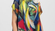 Bluza de vara poncho din matase cu design abstract