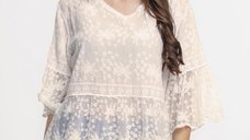 Bluza din bumbac cu volane din dantela, bej