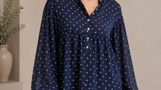 Bluza din matase si vascoza cu buline albe pe fond bleumarin