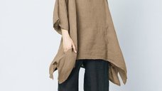 Bluza lunga din in cu gluga si colturi laterale, nuanta camel