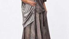Bluza oversize asimetrica din bumbac si vascoza cu fronseu reglabil, mov taupe