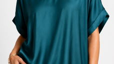 Bluza oversized turcoaz din matase si vascoza satinata cu detalii aurii
