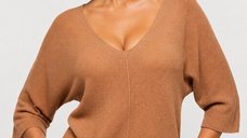 Bluza tricotata fin cu maneca fluture 3/4, nuanta camel