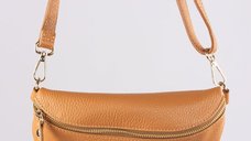 Borseta din piele naturala camel cu fermoar si curea ajustabila