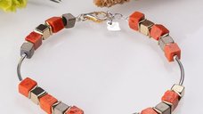 Bratara din argint cu tuburi curbe si cuburi de coral si hematit auriu