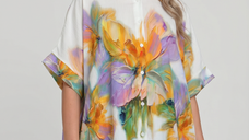 Camasa oversize cu maneca scurta din in si vascoza, imprimeu artistic pastelat