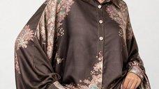 Camasa oversize din satin cu maneci bufante si imprimeu floral bej si maro