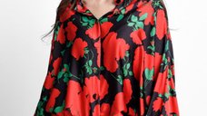 Camasa oversize din satin cu maneci bufante si imprimeu floral rosu pe fond negru