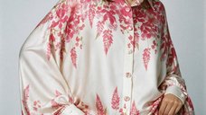 Camasa oversize din satin cu maneci bufante si imprimeu floral roz
