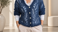 Cardigan Bleumarin din Mohair cu Dantela, Pulover Casual Chic