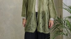 Cardigan lung din Kid Mohair cu tricot ajurat si cordon detasabil, verde olive