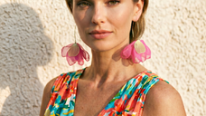 Cercei eleganti tip floare cu accente aurii, din matase, fucsia