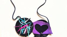 Colier negru statement din piele naturala cu insertii multicolore, unicat