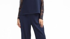 Compleu elegant pentru femei cu bluza si pantaloni drepti, nuanta bleumarin
