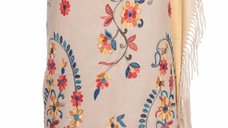 Esarfa cashmere cu model floral brodat pe fond bej deschis