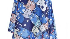 Esarfa din cashmere cu pisici cu ochi mari in nuante de albastru electric si lila