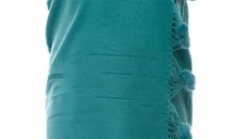 Esarfa din cashmere turcoaz cu ciucuri din blana naturala