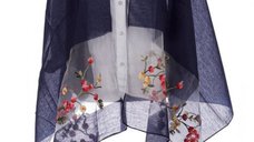 Esarfa din matase bleumarin cu broderie florala pe organza transparenta
