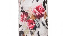 Esarfa din matase cu imprimeu floral fucsia pe fundal alb-argintiu