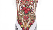 Esarfa gipsy patrata mare, tip Pavlovo Posad cu imprimeu floral traditional pe fond alb