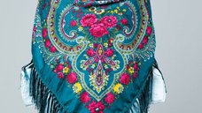 Esarfa mare patrata Pavlovo Posad cu imprimeu floral traditional pe fond turcoaz