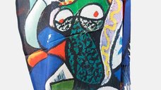 Esarfa matase cu doua fete imprimata cu model inspirat  dupa    Femeie cu carte   lui Picasso