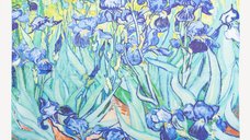 Esarfa patrata cu o fata imprimata cu model inspirat a dupa pictura   Irisi   a lui Van Gogh, din matase si vascoza