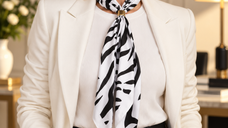 Esarfa patrata satinata cu inel auriu si imprimeu animal print alb-negru